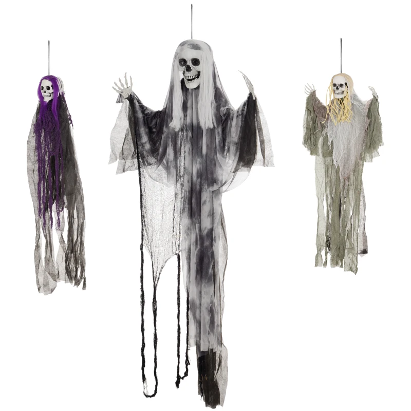 HOMCOM Set of 3 Hanging Skeleton Halloween Decorations, Scary Flying Ghost for Garden, Party, 90/110/170cm