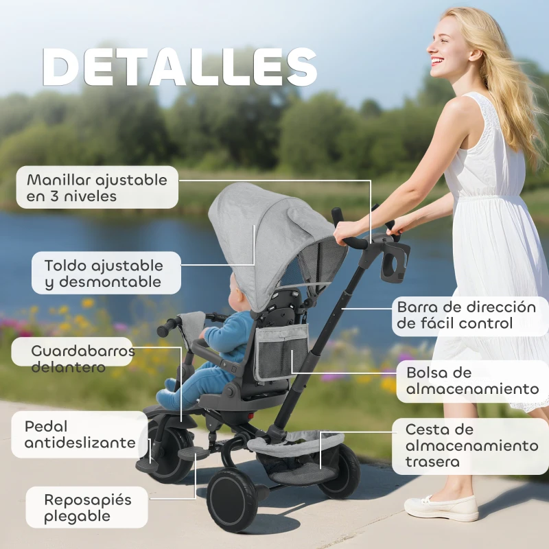 AIYAPLAY Triciclo Evolutivo 6 en 1 Plegable Asiento Giratorio de 360° Mango Parental Respaldo Reclinable Toldo Gris