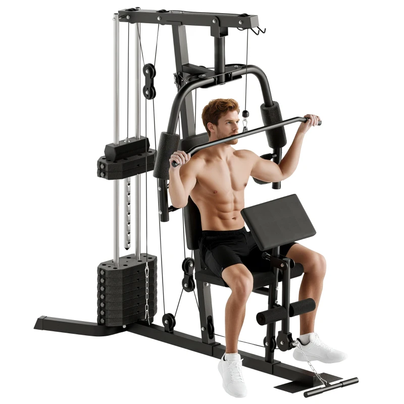 HOMCOM Station de musculation fitness avec 9 blocs de poids de 5 kg entrainement complet - dim.180L x 108l x 200H cm