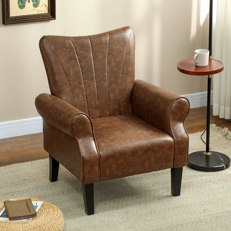 HOMCOM Upholstered Accent Chair with Rolled Arms and Wood Legs, Armchair for Living Room Bedroom, Brown