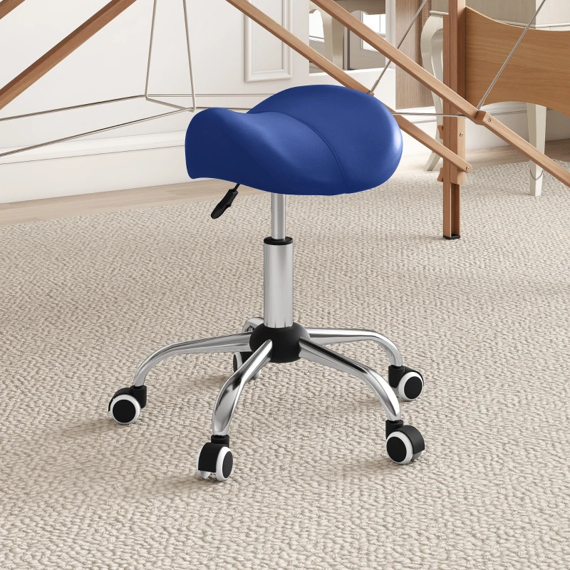 HOMCOM Sgabello a rotelle, sedia da lavoro con altezza regolabile 49-61 cm e sella ergonomica, 52x53x49-61cm, blu