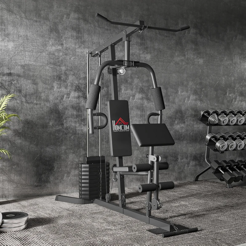 HOMCOM Station de musculation fitness avec 9 blocs de poids de 5 kg entrainement complet - dim.180L x 108l x 200H cm(m-9)