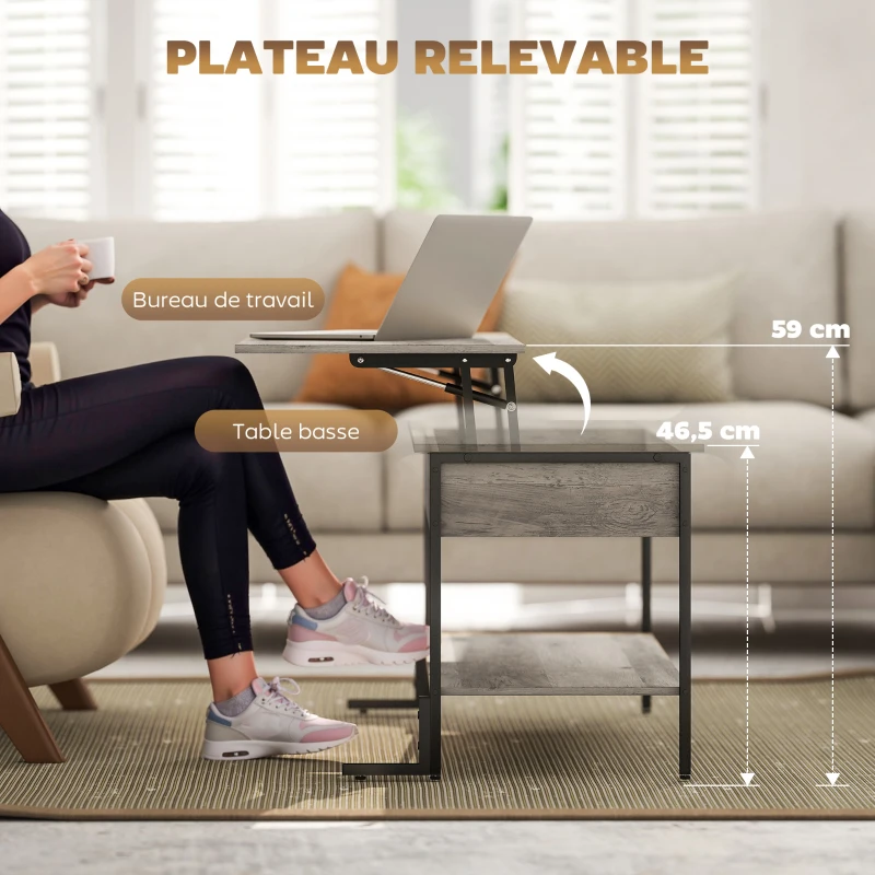 HOMCOM Table basse avec plateau relevable, table de salon avec compartiment caché et étagère ouverte, 95x40x59cm, gris