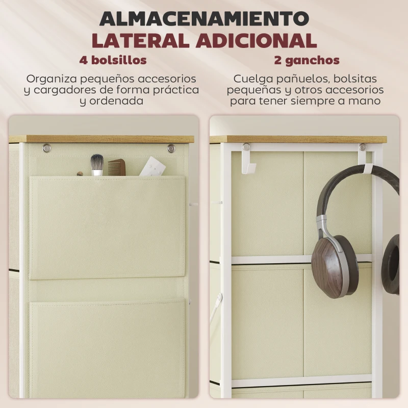 HOMCOM Cajonera de Tela Cómoda con 8 Cajones 4 Bolsillos Laterales 2 Ganchos y Estructura de Acero Beige