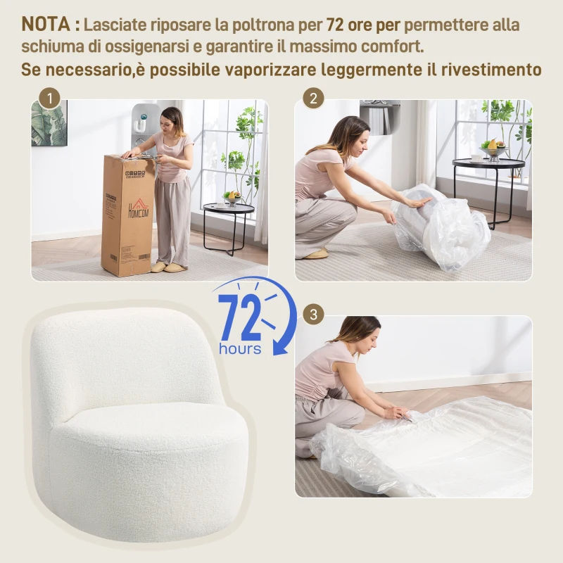 HOMCOM Poltrona per Salotto con Schienale Ergonomico in Tessuto Sherpa e Schiuma, 73x82x71 cm, Bianco Crema