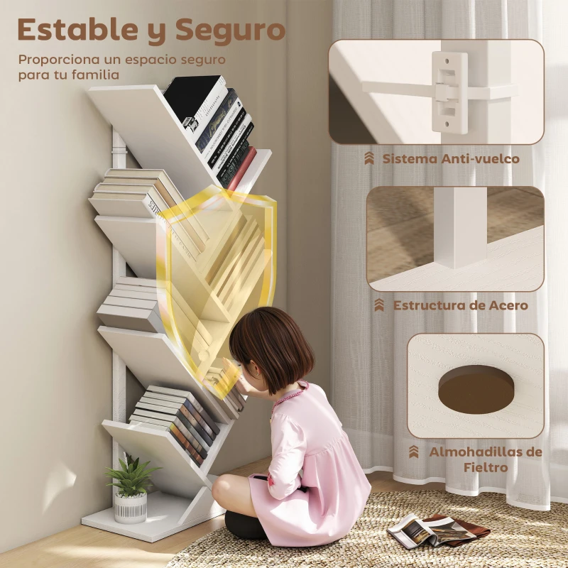 HOMCOM Estantería en Forma de Árbol con 7 Estantes y Sistema Antivuelco para Salón Dormitorio 50x24x109 cm Blanco
