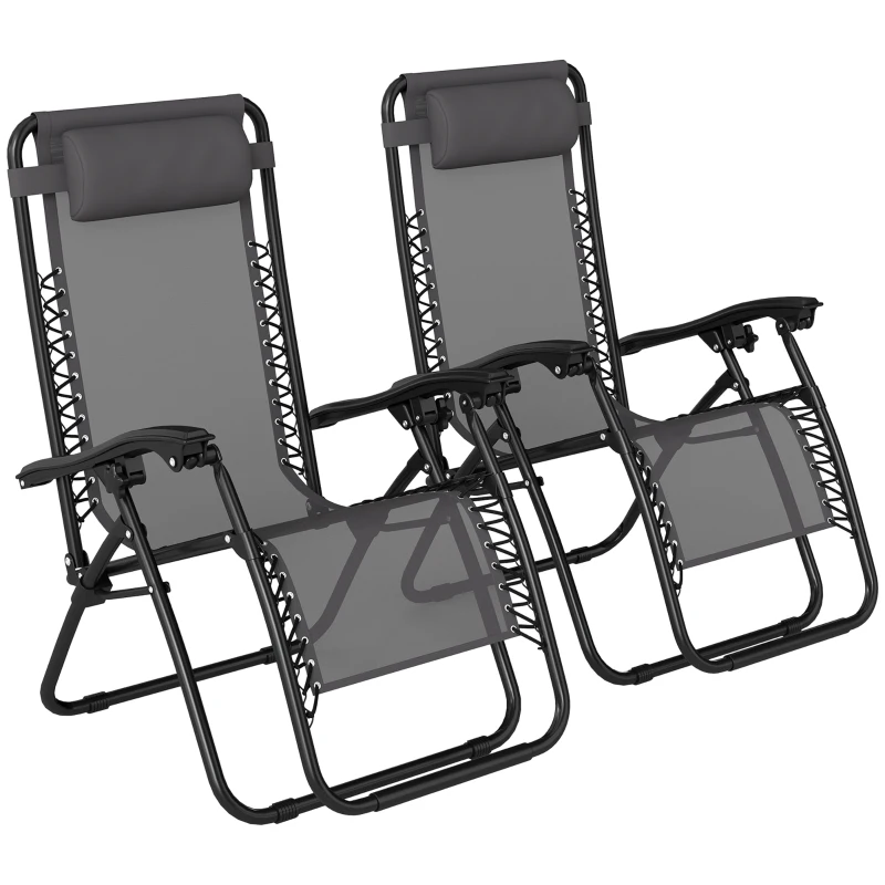 Outsunny Zero Gravity Chair Set of 2, Metal Frame Texteline Armchair Outdoor Folding and Reclining Sun Lounger with Head Pillow for Patio Decking Gardens Camping, Grey