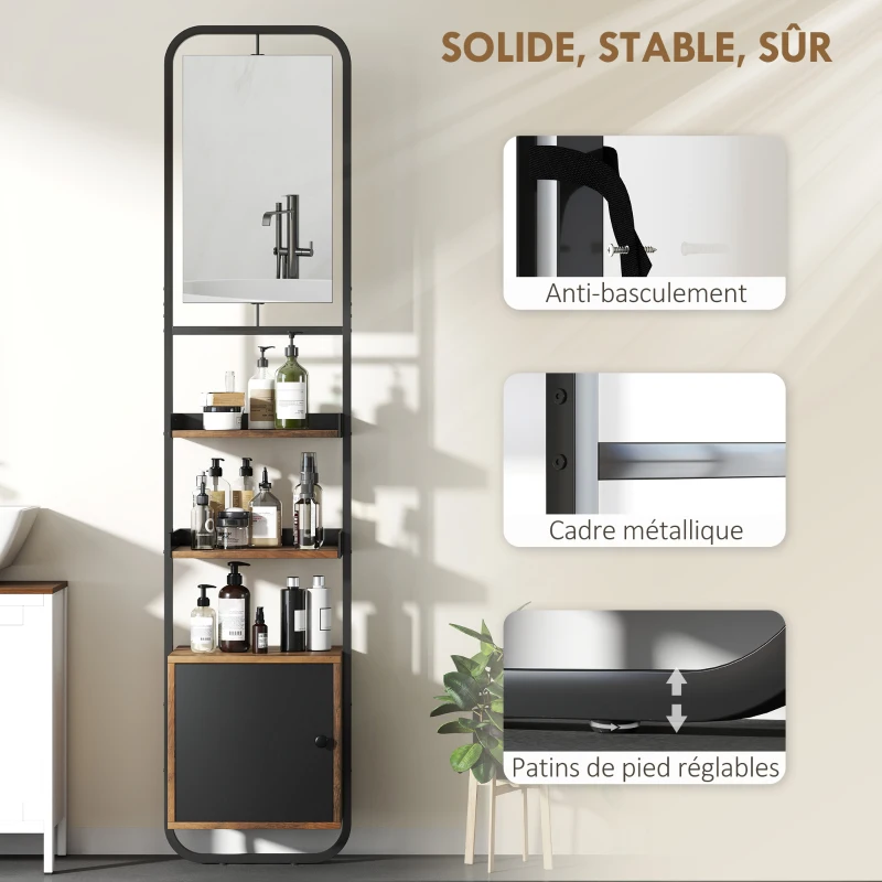 HOMCOM Étagère salle de bain rangement avec miroir, étagère de rangements avec étagères réglables et placard, 40x30x179cm, noir