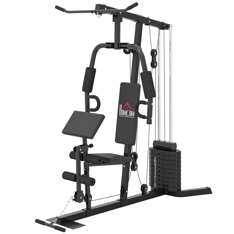 HOMCOM Station de musculation fitness avec 9 blocs de poids de 5 kg entrainement complet - dim.180L x 108l x 200H cm(m-10)
