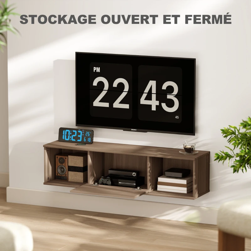 HOMCOM Meuble TV suspendu, Armoire murale avec 2 compartiments ouverts et porte rabattable, 120 x 30 x 29,5 cm, marron