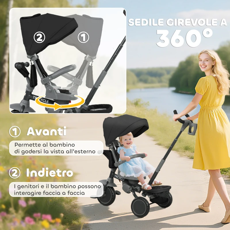 AIYAPLAY Triciclo per Bambini 6 in 1 con Maniglione di Spinta e Sedile Girevole, 111.5x52x98 cm, Nero