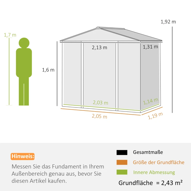 Outsunny 2,43 ㎡ Gerätehaus, 213 x 131 x 192 cm Geräteschuppen mit Satteldach, Abschließbare Schiebetür, wetterfest, Grau(m-3)
