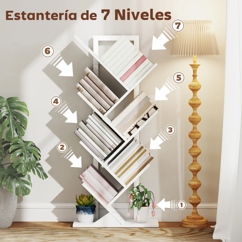 HOMCOM Estantería en Forma de Árbol con 7 Estantes y Sistema Antivuelco para Salón Dormitorio 50x24x109 cm Blanco