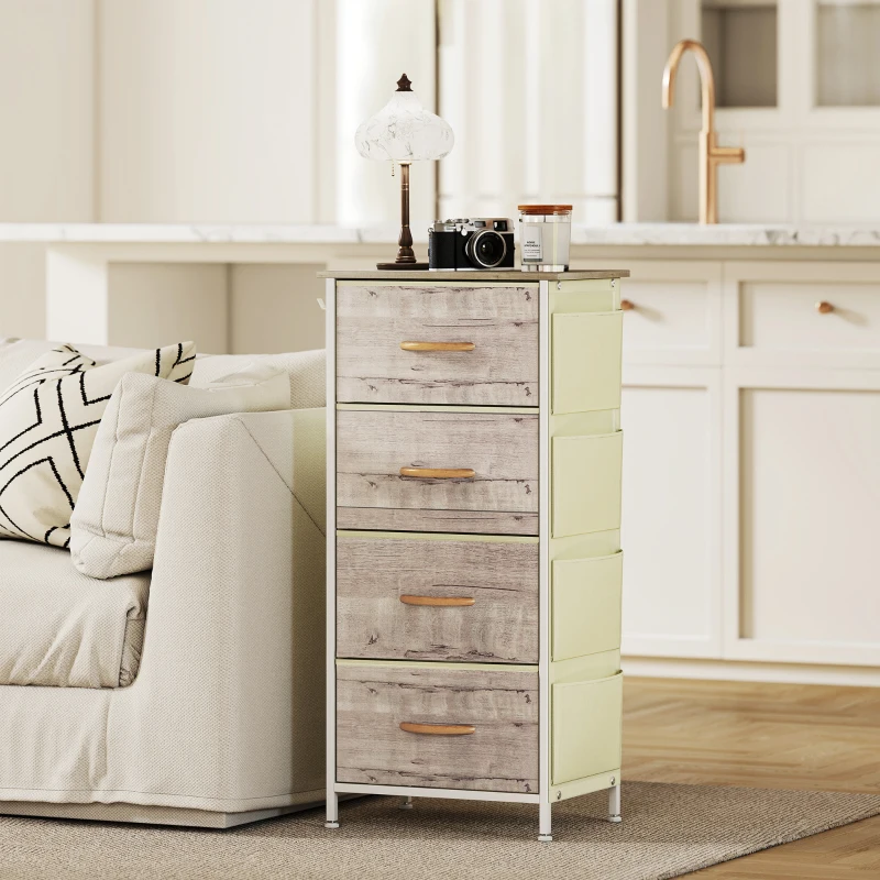 HOMCOM Chest of Four Fabric Drawers - Natural Wood Finish