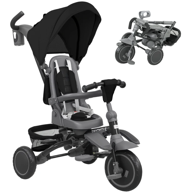 AIYAPLAY Triciclo per Bambini 6 in 1 con Maniglione di Spinta e Sedile Girevole, 111.5x52x98 cm, Nero