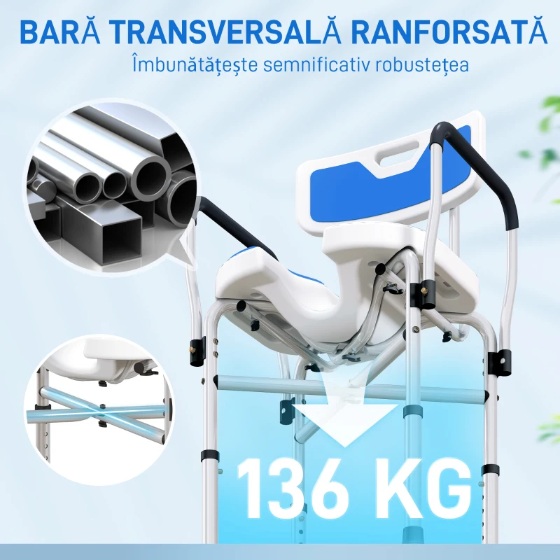 HOMCOM Scaun de Duș cu Spătar, Brațe, Șezut Canelatat, Bare de Ranforsare și Înălțime Reglabilă, 53x41,5x78,5-91,5 cm, Albastru