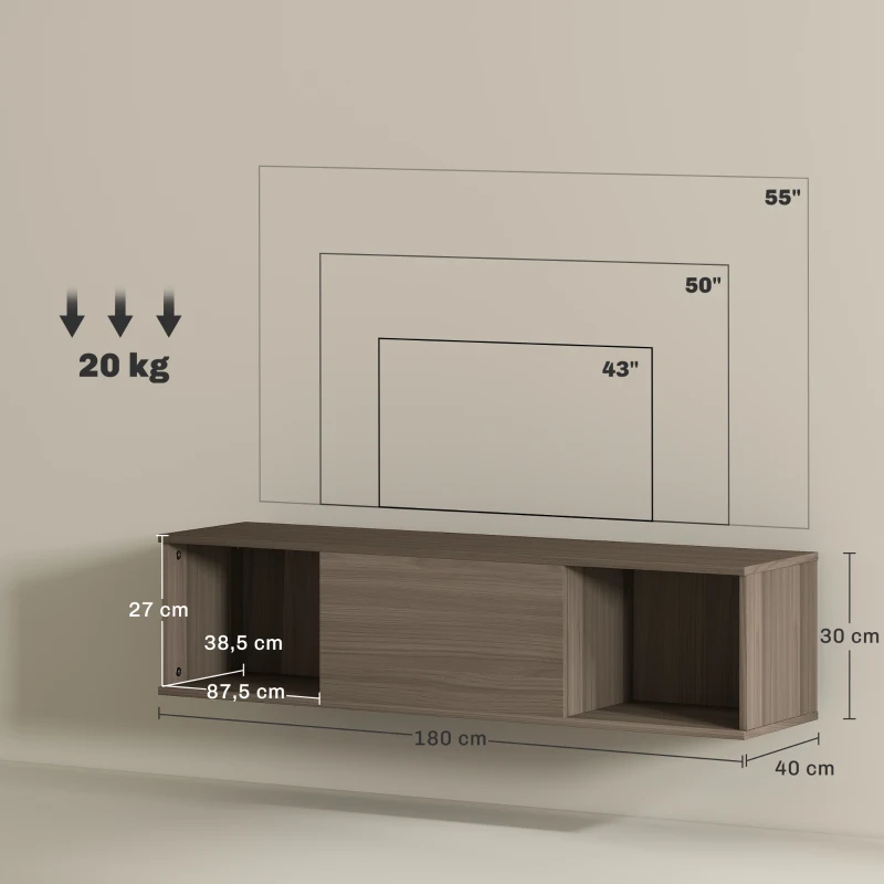 HOMCOM Armario de Pared Mueble de TV Colgante con 2 Compartimentos Abiertos y Puerta Abatible 120x30x29,5 cm Marrón