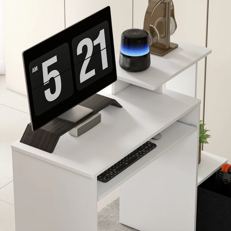 HOMCOM Bureau Informatique multimédia étagères Tablette Clavier Panier Noir Panneaux Particules Blanc