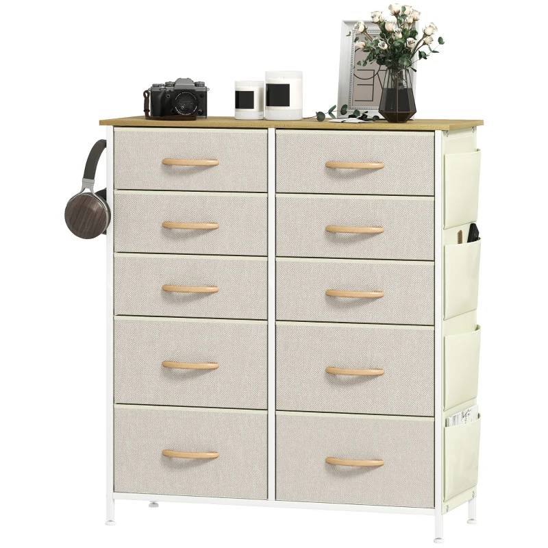 HOMCOM Chest of Ten Fabric Drawers - Beige