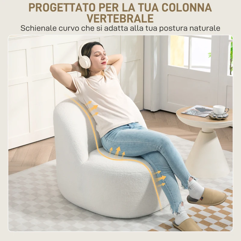 HOMCOM Poltrona per Salotto con Schienale Ergonomico in Tessuto Sherpa e Schiuma, 73x82x71 cm, Bianco Crema