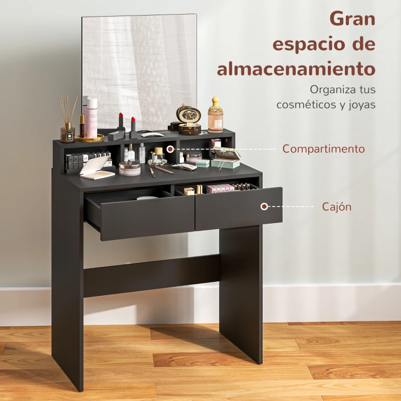 HOMCOM Mesa de Maquillaje con Espejo 2 Cajones 3 Compartimentos Tocador para Dormitorio 75x38x135 cm Negro