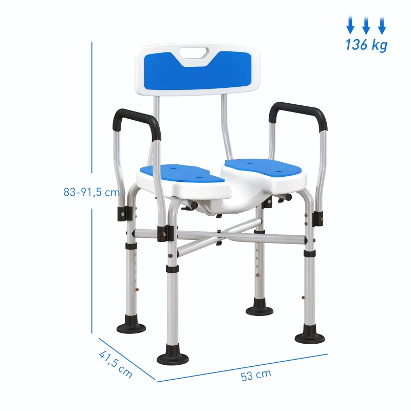 HOMCOM Assento de Duche para Pessoas Idosas com Assento Ranhurado Altura Ajustável Banco de Duche 53x41,5x91,5 cm Azul