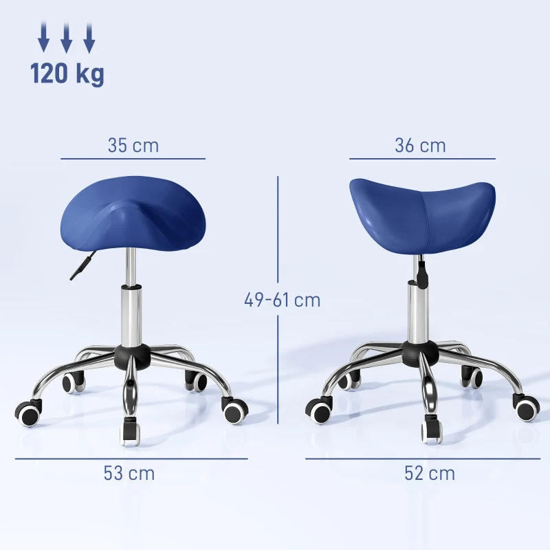 HOMCOM Sgabello a rotelle, sedia da lavoro con altezza regolabile 49-61 cm e sella ergonomica, 52x53x49-61cm, blu