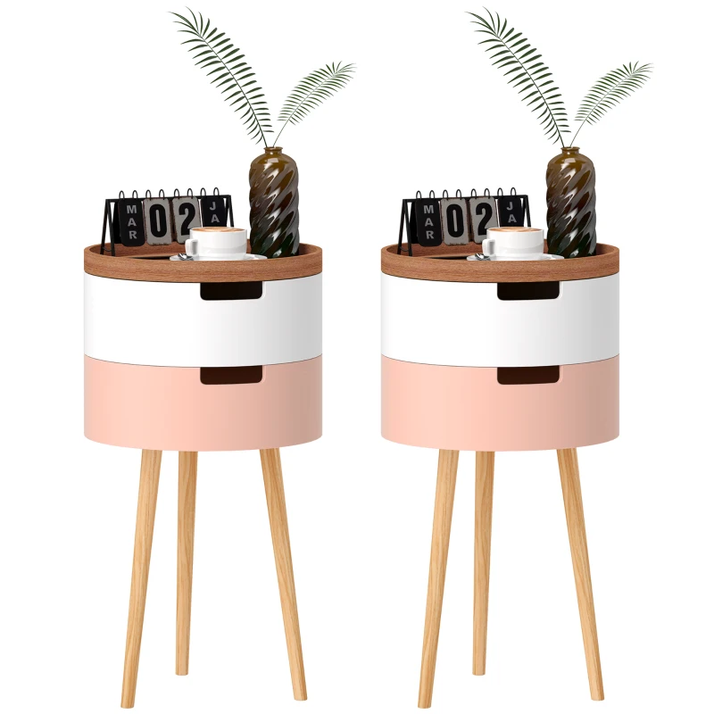 HOMCOM Set de 2 Mese Totunde de Cafea cu 3 Niveluri, 2 Spații de Depozitare și Tavă Detașabilă, Φ35x65,5 cm, Multicolor