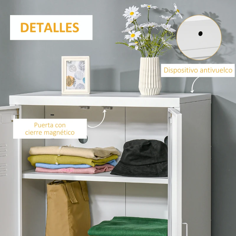 HOMCOM Armario Metálico con 2 Puertas y 2 Baldas Ajustables Mueble Multiusos para Oficina Salón Dormitorio 75x33x110cm Blanco