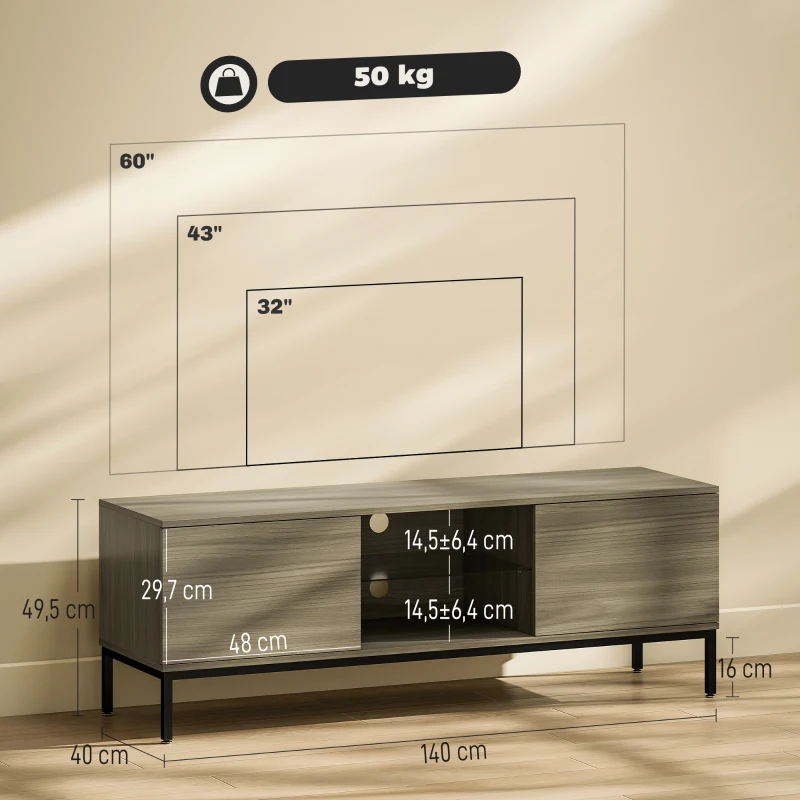 HOMCOM Mueble de TV con Compartimento Orificio de Cables y Estante Ajustable para Televisión de 60 Pulgadas 140x40x49,5 cm Gris