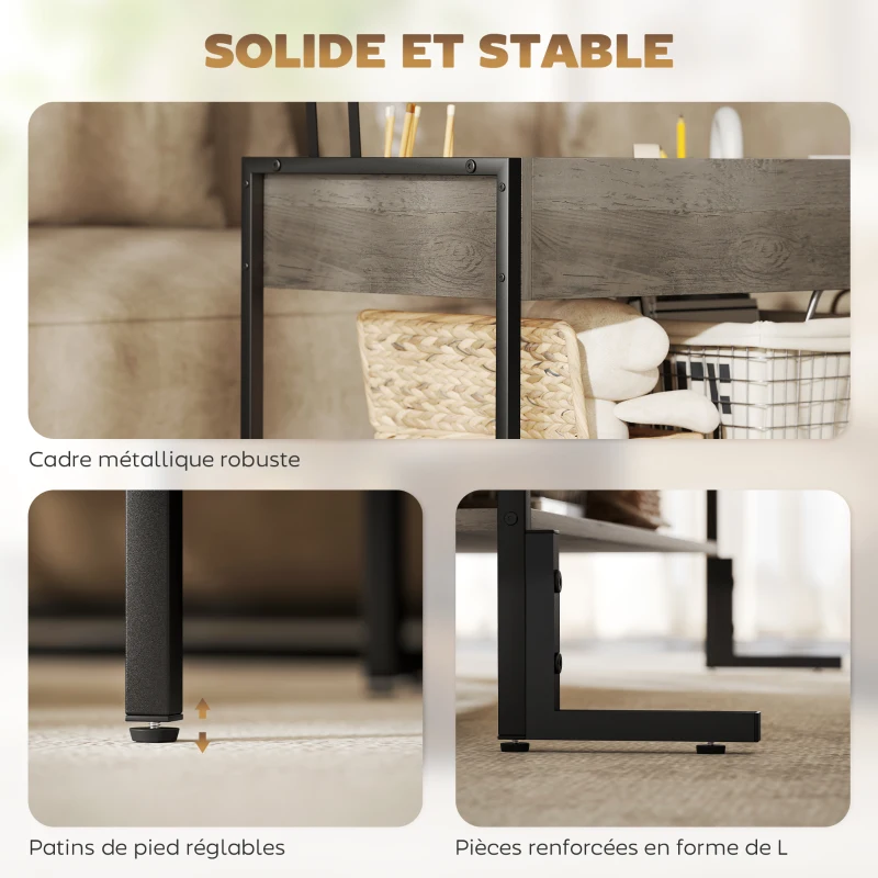 HOMCOM Table basse avec plateau relevable, table de salon avec compartiment caché et étagère ouverte, 95x40x59cm, gris