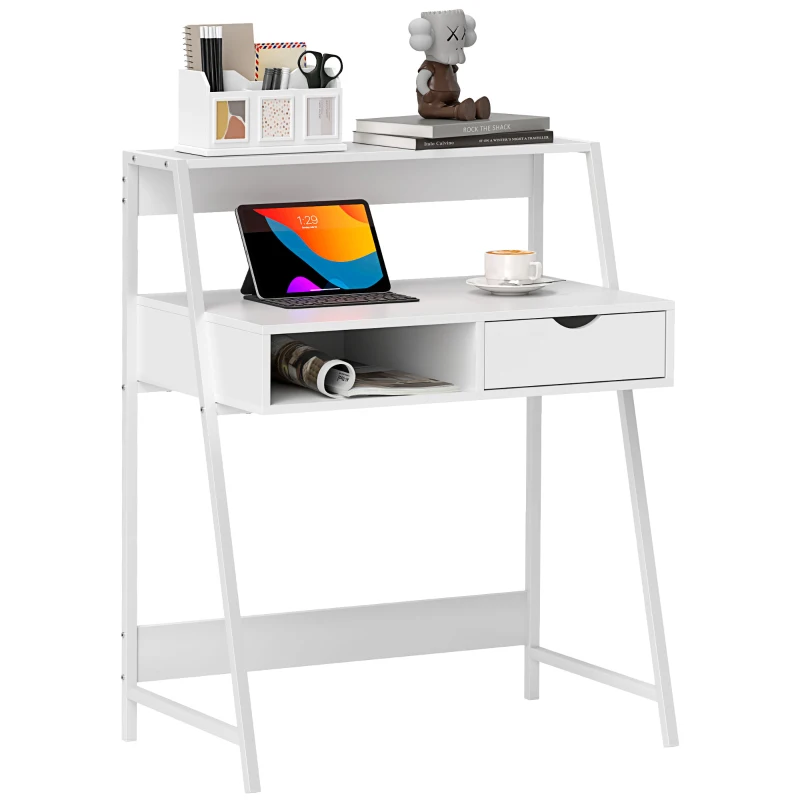 HOMCOM Bureau secrétaire Bureau Informatique Style néo-rétro tiroir Niche étagère métal Blanc
