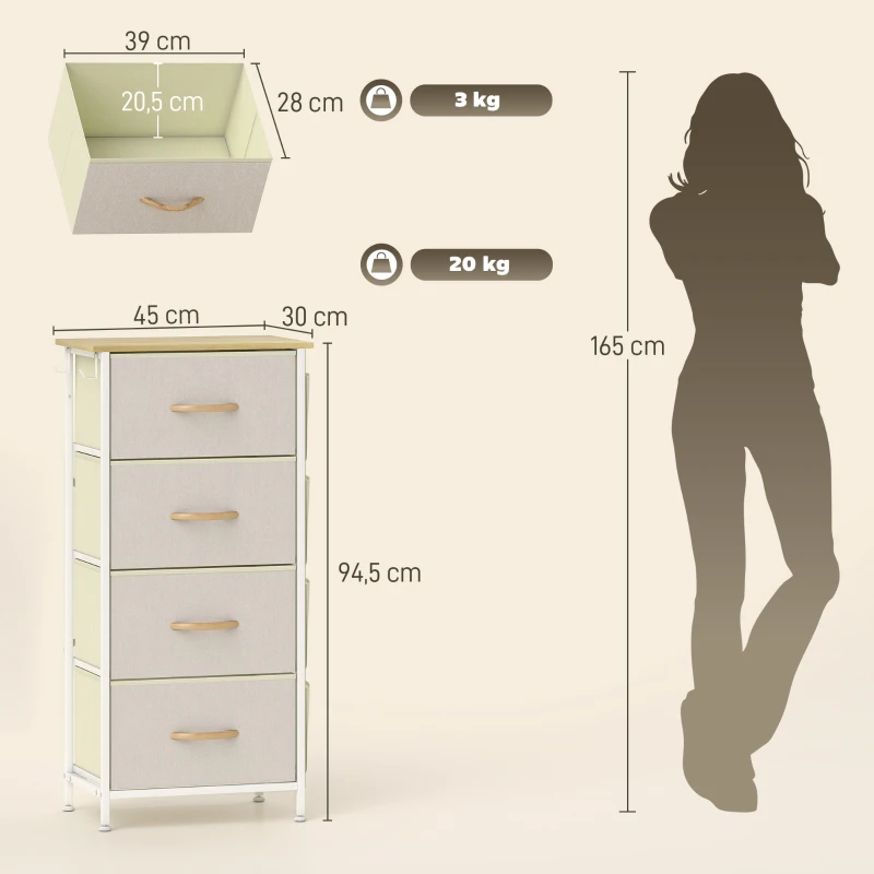 HOMCOM Commode 4 tiroirs en tissu, meuble de rangement avec 4 poches, 2 crochets, structure en acier, 45 x 30 x 94,5 cm, beige