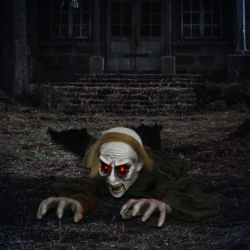 HOMCOM 167 cm Outdoor Halloween Decoration Crawling Zombie, Animated Prop Decor with Sound Activated, Light Up Eyes