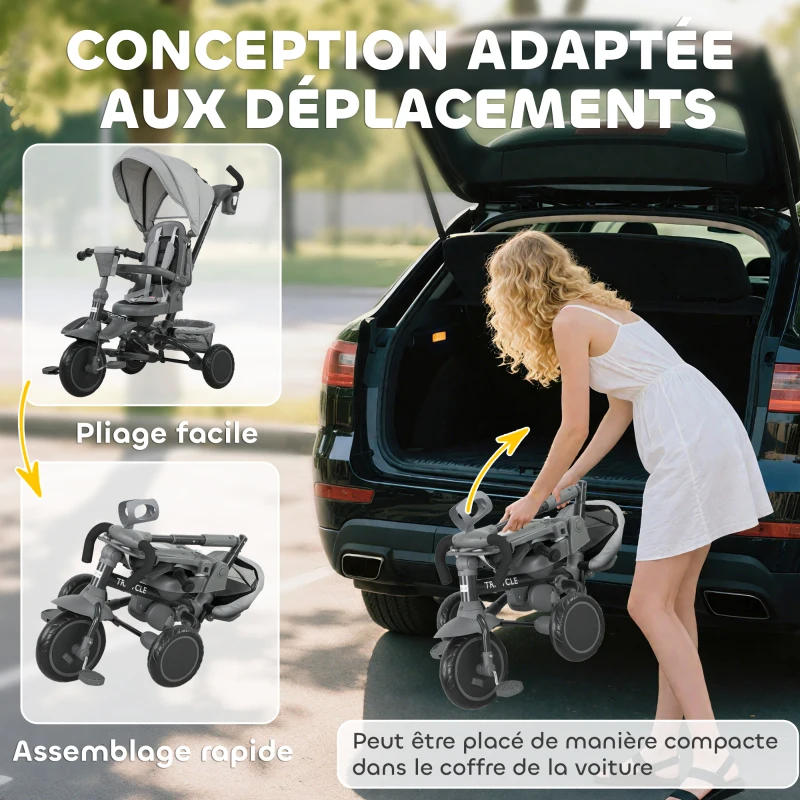 AIYAPLAY Tricycle bébé évolutif 6 en 1, tricycle enfant pliable avec poignée parentale réglable, siège pivotant 360°, gris