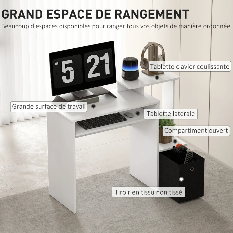 HOMCOM Bureau Informatique multimédia étagères Tablette Clavier Panier Noir Panneaux Particules Blanc