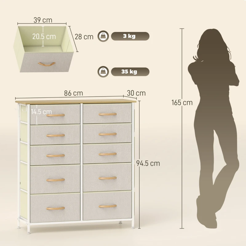 HOMCOM Chest of Ten Fabric Drawers - Beige