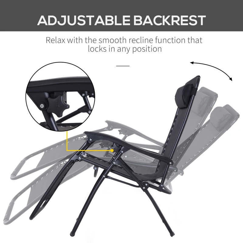 Outsunny Zero Gravity Chair Set of 2, Metal Frame Texteline Armchair Outdoor Folding and Reclining Sun Lounger with Head Pillow for Patio Decking Gardens Camping, Black