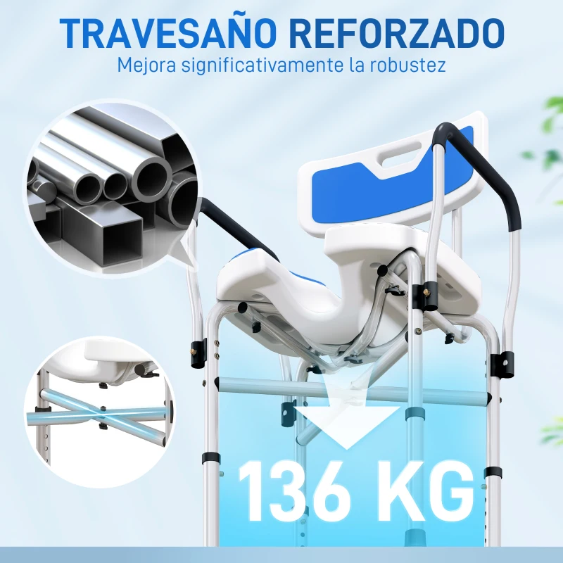 HOMCOM Silla de Ducha con Asiento Ranurado Altura Regulable Antideslizante Respaldo y Reposabrazos Carga 136 kg Azul