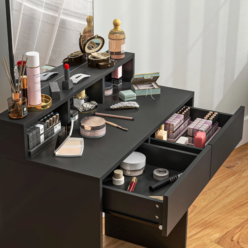 HOMCOM Coiffeuse avec Miroir 2 Tiroirs 3 Compartiments Table de Maquillage pour Chambre 75x38x135 cm Noir