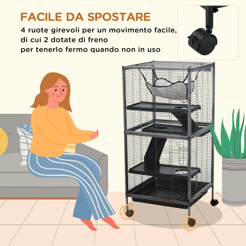 PawHut Gabbia per Piccoli Roditori in Acciaio, Gabbietta per Porcellini d'India e Cincillà con 3 Piani, 4 Ruote, Amaca e Vassoio Rimovibile, 52 x 52 x 113.5cm, Grigio Argento