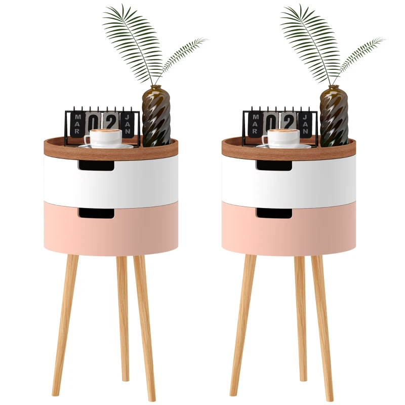 HOMCOM Set de 2 Mese Totunde de Cafea cu 3 Niveluri, 2 Spații de Depozitare și Tavă Detașabilă, Φ35x65,5 cm, Multicolor