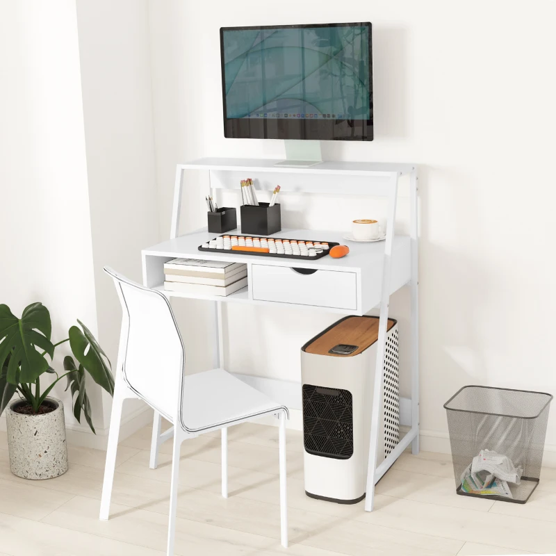 HOMCOM Bureau secrétaire Bureau Informatique Style néo-rétro tiroir Niche étagère métal Blanc