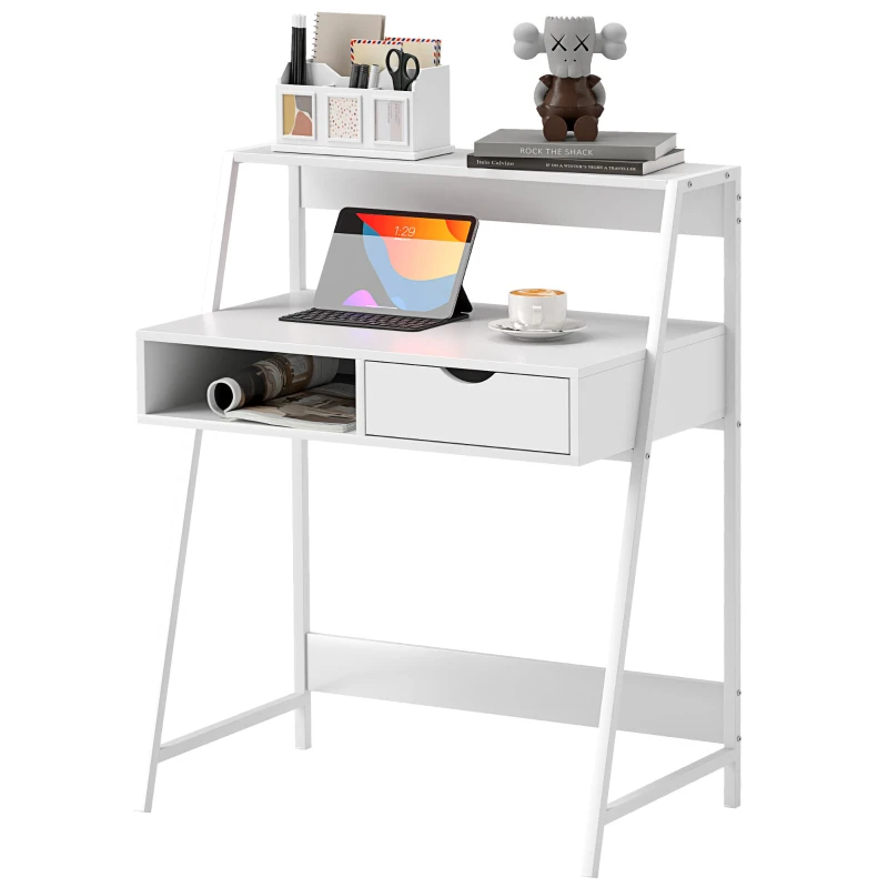 HOMCOM Bureau secrétaire Bureau Informatique Style néo-rétro tiroir Niche étagère métal Blanc