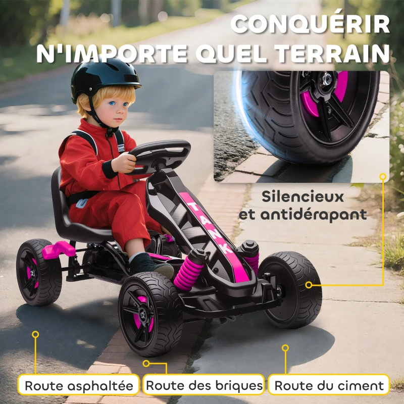 AIYAPLAY Kart à pédales pour enfants, karting enfant 3 à 6 ans avec roue libre, frein, roues EVA antidérapantes, rose