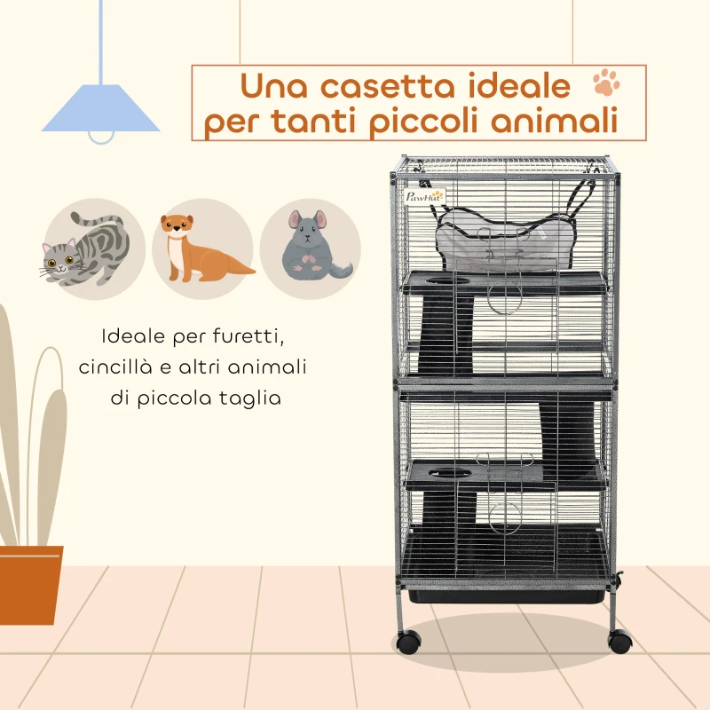 PawHut Gabbia per Piccoli Roditori in Acciaio, Gabbietta per Porcellini d'India e Cincillà con 3 Piani, 4 Ruote, Amaca e Vassoio Rimovibile, 52 x 52 x 113.5cm, Grigio Argento