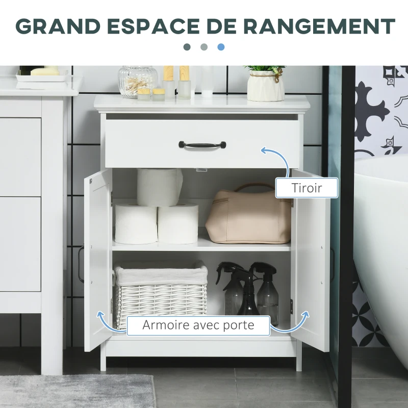 kleankin Meuble salle de bain, armoire salle de bain sur pied avec double porte, tiroir et étagère réglable, 60x30x75cm, blanc