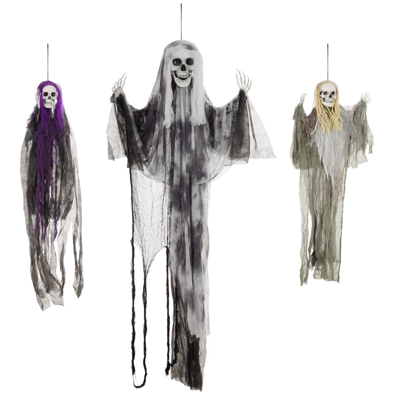 HOMCOM Set of 3 Hanging Skeleton Halloween Decorations, Scary Flying Ghost for Garden, Party, 90/110/170cm