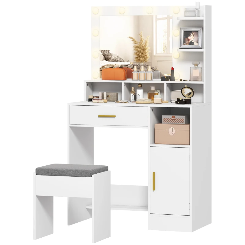 HOMCOM Tocador de Maquillaje con Luces LED y Taburete Espejo 2 Colores 10 Bombillas Cajón Estantes Compartimentos Blanco