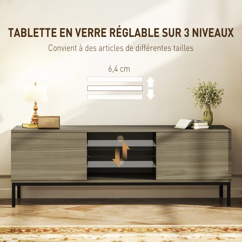 HOMCOM Meuble TV meuble télé pour téléviseur jusqu'à 60 pouces avec 2 portes et étagère en verre réglable 140x40x49,5cm gris